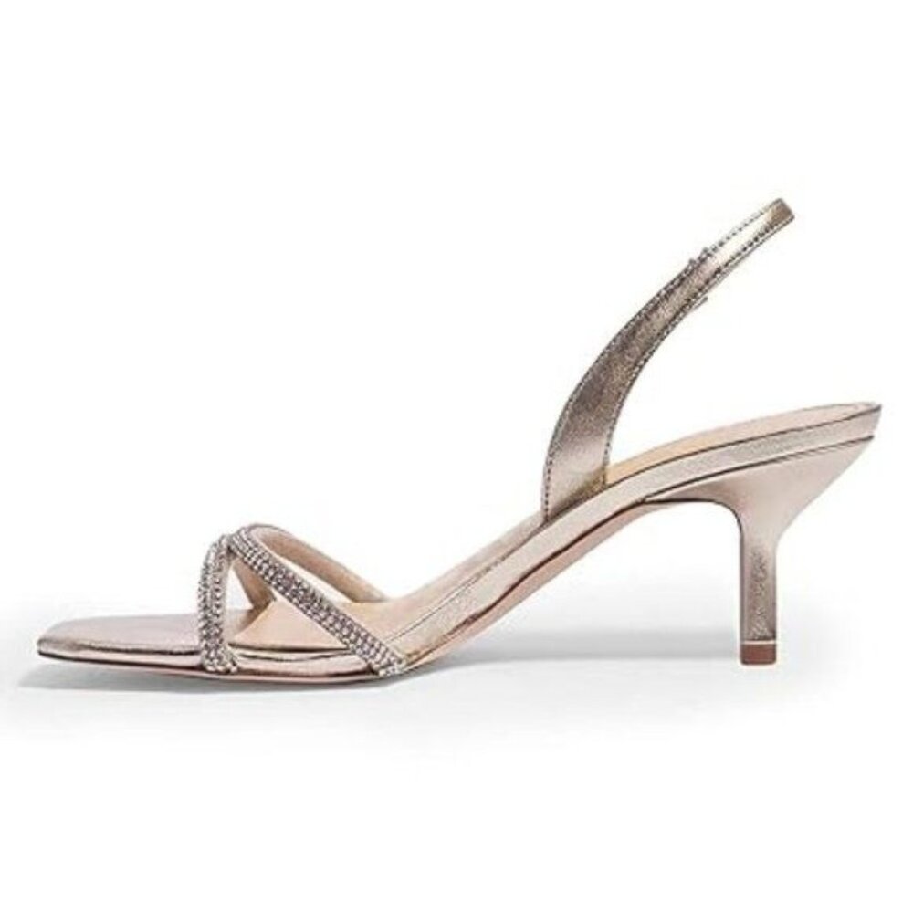 XYD Women Summer Open Square Toe Rhinestone Strap Slingback Suede Kitten Heels